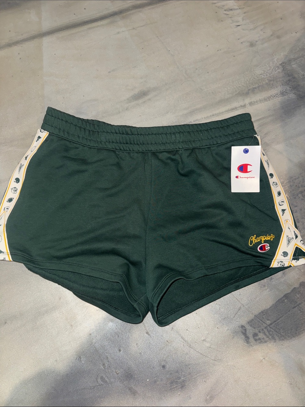 Champion Women's Dark Green Athletic Shorts with White & Yellow Trim